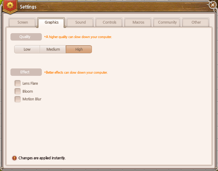 Graphics settings tab