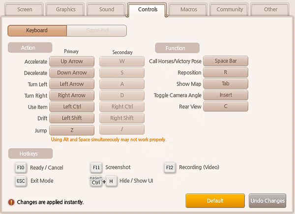Control customization screen in Alicia Online